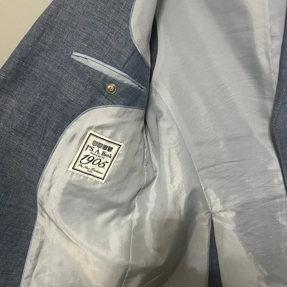 Jos. A. Bank Mens Blazer 44R Blue 100% Linen Tailored Fit Jacket Coastal Wedding